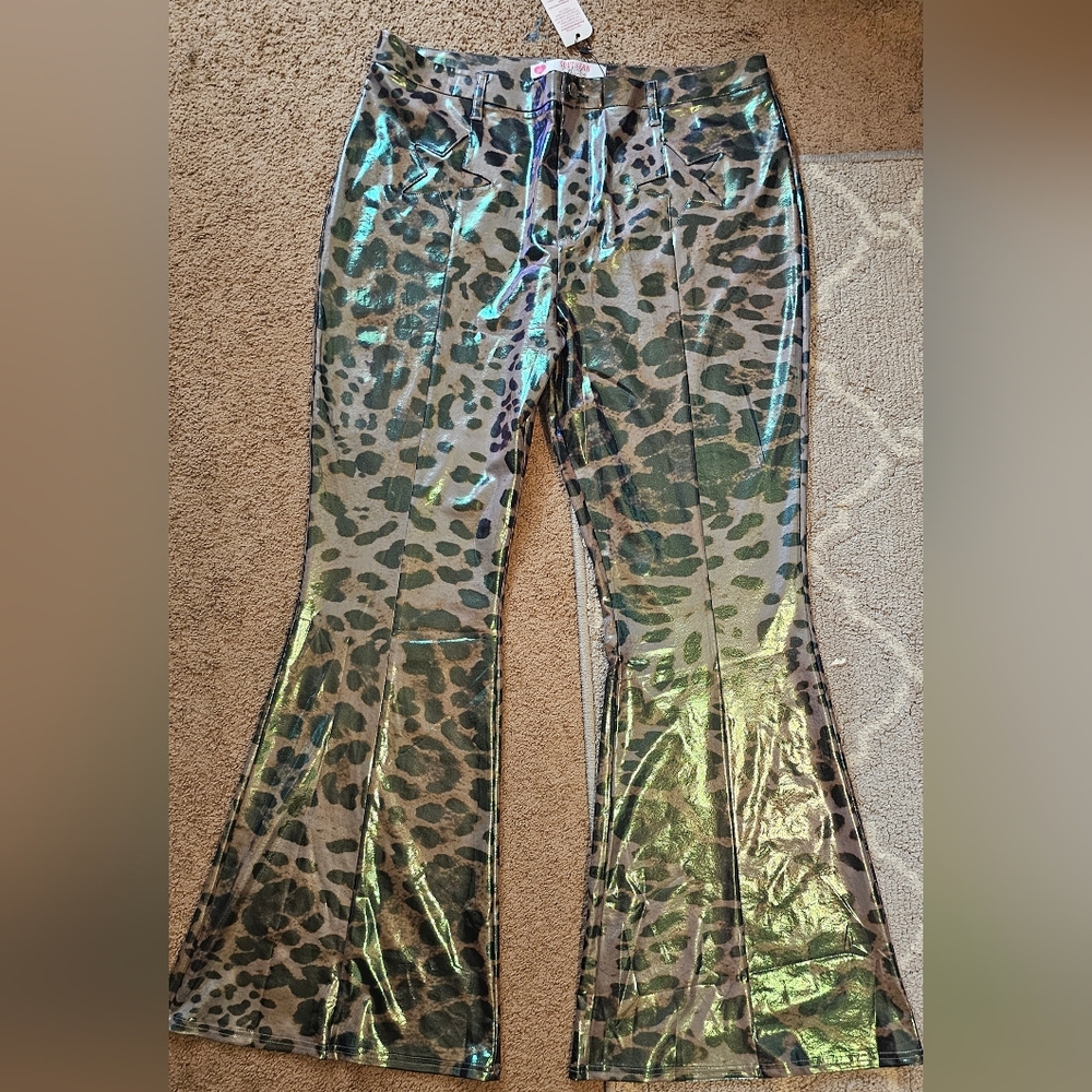 Leopard shiny metallic plus size flare legged pants